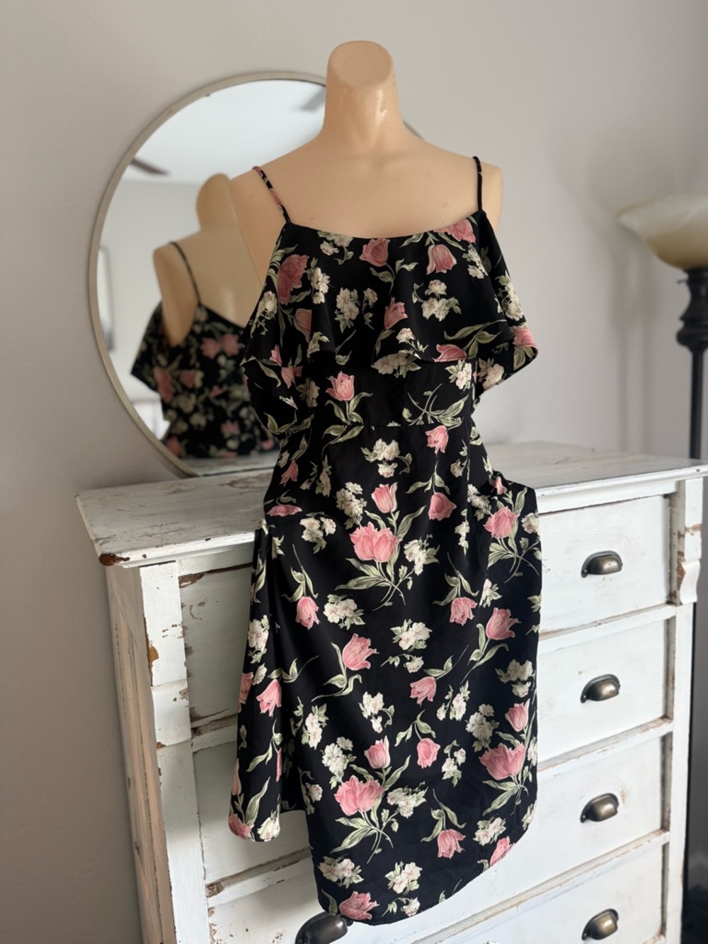 maitai Black Midi Dress with Pink & Cream Floral Print
